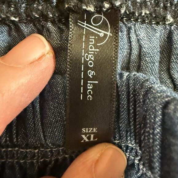 Indigo And Lace Peasant Tiered Skirt Denimlike Chambray XL Bohemian Boho - Picture 3 of 7